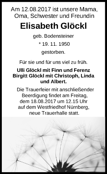Traueranzeige von Elisabeth Glöckl von Gesamtausgabe Nürnberger Nachrichten/ Nürnberger Ztg.