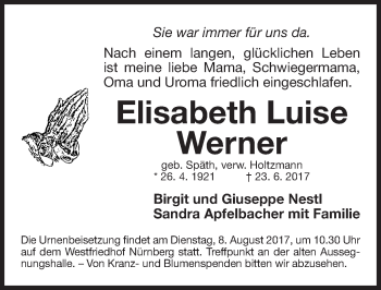 Traueranzeige von Elisabeth Luise Werner von Gesamtausgabe Nürnberger Nachrichten/ Nürnberger Ztg.