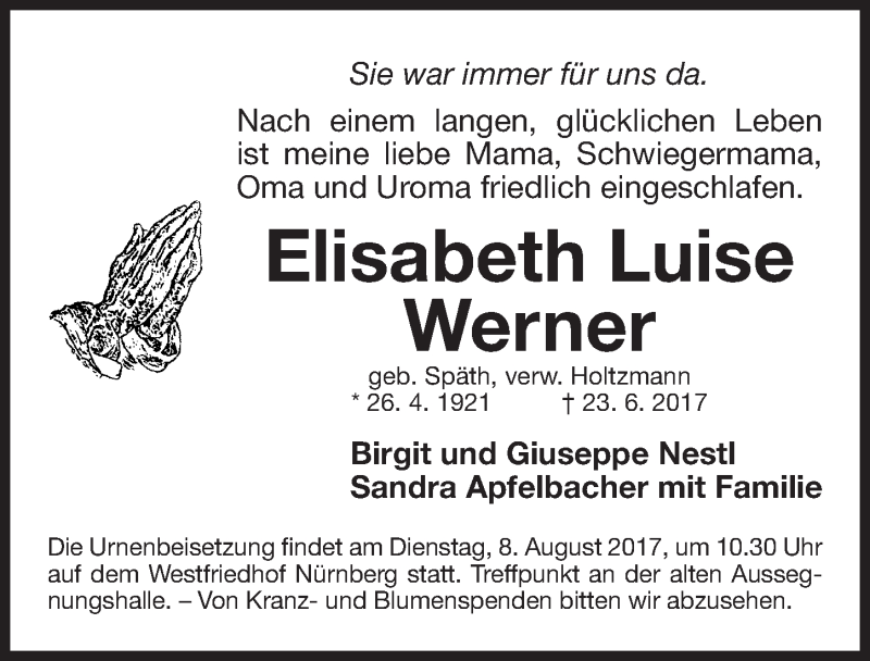  Traueranzeige für Elisabeth Luise Werner vom 05.08.2017 aus Gesamtausgabe Nürnberger Nachrichten/ Nürnberger Ztg.