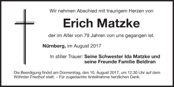 Traueranzeige von Erich Matzke von Gesamtausgabe Nürnberger Nachrichten/ Nürnberger Ztg.