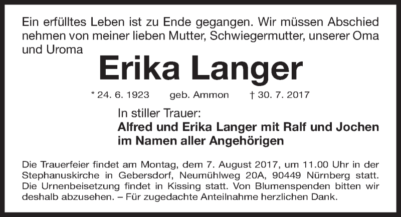  Traueranzeige für Erika Langer vom 02.08.2017 aus Gesamtausgabe Nürnberger Nachrichten/ Nürnberger Ztg.