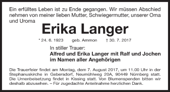 Traueranzeige von Erika Langer von Gesamtausgabe Nürnberger Nachrichten/ Nürnberger Ztg.