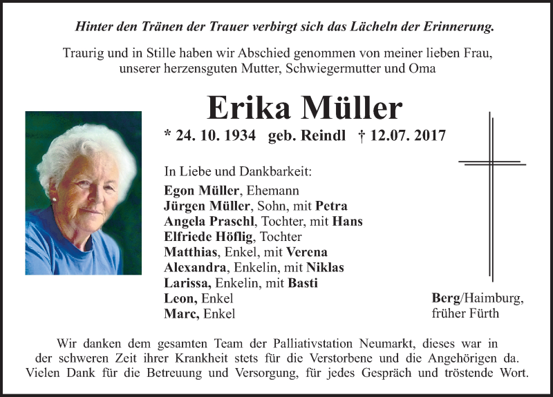  Traueranzeige für Erika Müller vom 02.08.2017 aus Neumarkter Nachrichten Lokal