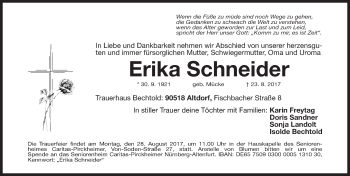 Traueranzeige von Erika Schneider von Gesamtausgabe Nürnberger Nachrichten/ Nürnberger Ztg.