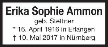 Traueranzeige von Erika Sophie Ammon von Gesamtausgabe Nürnberger Nachrichten/ Nürnberger Ztg.
