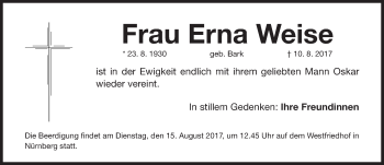 Traueranzeige von Erna Weise von Gesamtausgabe Nürnberger Nachrichten/ Nürnberger Ztg.