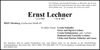 Traueranzeige von Ernst Lechner von Gesamtausgabe Nürnberger Nachrichten/ Nürnberger Ztg.