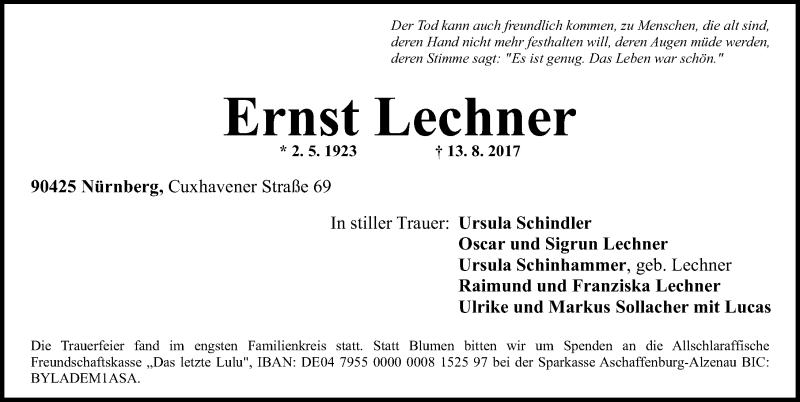  Traueranzeige für Ernst Lechner vom 19.08.2017 aus Gesamtausgabe Nürnberger Nachrichten/ Nürnberger Ztg.