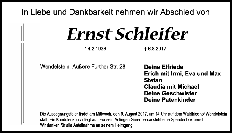  Traueranzeige für Ernst Schleifer vom 08.08.2017 aus Schwabach