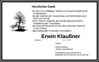 Traueranzeige von Erwin Klaußner von Gesamtausgabe Nürnberger Nachrichten/ Nürnberger Ztg.