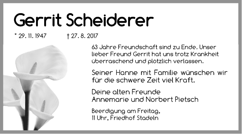  Traueranzeige für Gerrit Scheiderer vom 31.08.2017 aus Fürther Nachrichten Lokal