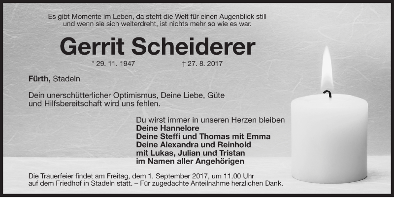  Traueranzeige für Gerrit Scheiderer vom 30.08.2017 aus Fürther Nachrichten Lokal