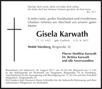 Traueranzeige von Gisela Karwath von Gesamtausgabe Nürnberger Nachrichten/ Nürnberger Ztg.