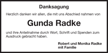 Traueranzeige von Gunda Radke von Gesamtausgabe Nürnberger Nachrichten/ Nürnberger Ztg.