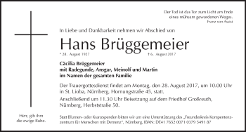 Traueranzeige von Hans Brüggemeier von Gesamtausgabe Nürnberger Nachrichten/ Nürnberger Ztg.
