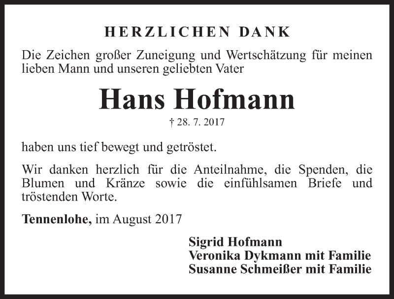  Traueranzeige für Hans Hofmann vom 19.08.2017 aus Erlanger Nachrichten Lokal