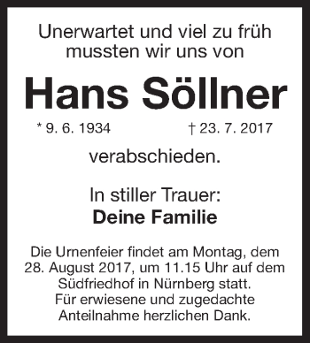 Traueranzeige von Hans Söllner von Gesamtausgabe Nürnberger Nachrichten/ Nürnberger Ztg.
