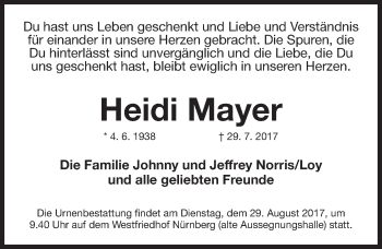 Traueranzeige von Heidi Mayer von Gesamtausgabe Nürnberger Nachrichten/ Nürnberger Ztg.