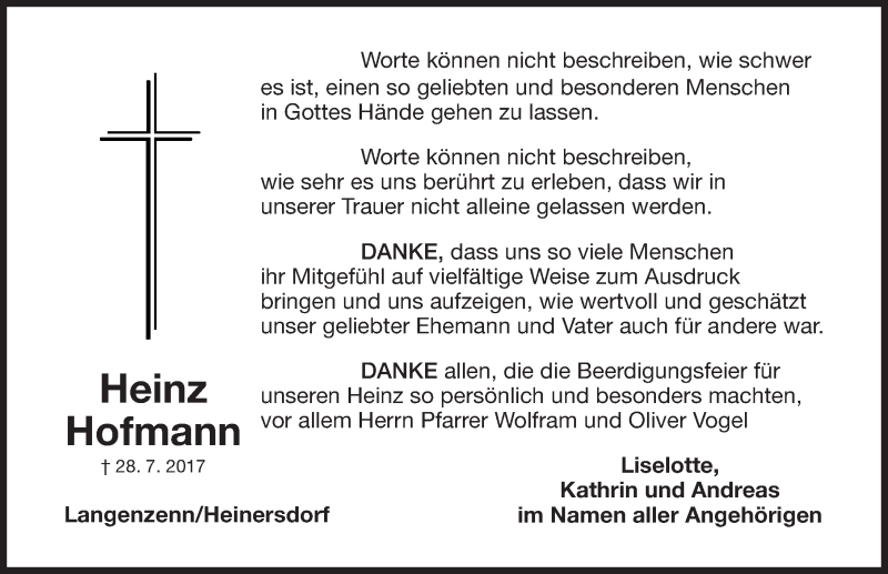  Traueranzeige für Heinz Hofmann vom 19.08.2017 aus Gesamtausgabe Nürnberger Nachrichten/ Nürnberger Ztg.