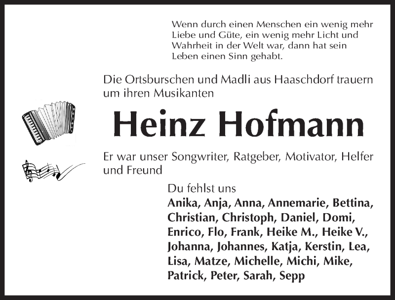  Traueranzeige für Heinz Hofmann vom 04.08.2017 aus Fürther Nachrichten Lokal