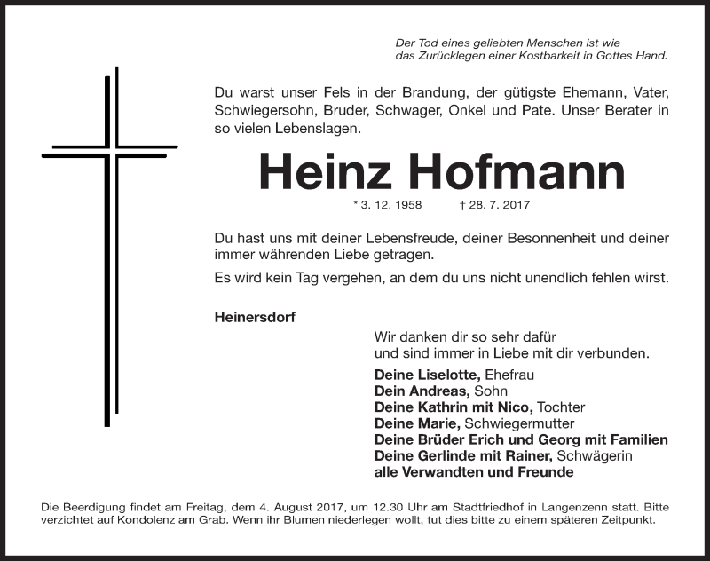  Traueranzeige für Heinz Hofmann vom 02.08.2017 aus Fürther Nachrichten Lokal
