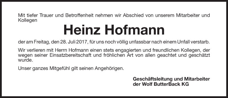 Traueranzeige für Heinz Hofmann vom 05.08.2017 aus Gesamtausgabe Nürnberger Nachrichten/ Nürnberger Ztg.