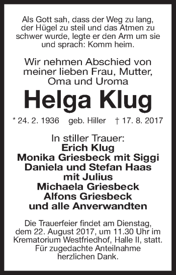 Traueranzeige von Helga Klug von Gesamtausgabe Nürnberger Nachrichten/ Nürnberger Ztg.