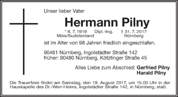 Traueranzeige von Hermann Pilny von Gesamtausgabe Nürnberger Nachrichten/ Nürnberger Ztg.