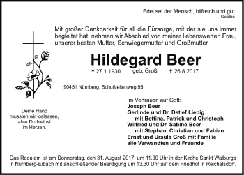 Traueranzeige von Hildegard Beer von Gesamtausgabe Nürnberger Nachrichten/ Nürnberger Ztg./ Erlanger Nachrichten