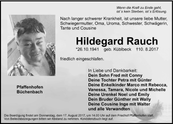 Traueranzeige von Hildegard Rauch von Roth-Hilpoltsteiner Volkszeitung Lokal