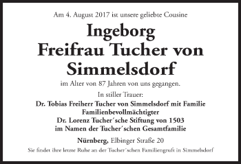 Traueranzeige von Ingeborg Freifrau von Tucher  von Gesamtausgabe Nürnberger Nachrichten/ Nürnberger Ztg.