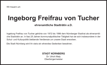 Traueranzeige von Ingeborg Freifrau von Tucher  von Gesamtausgabe Nürnberger Nachrichten/ Nürnberger Ztg.