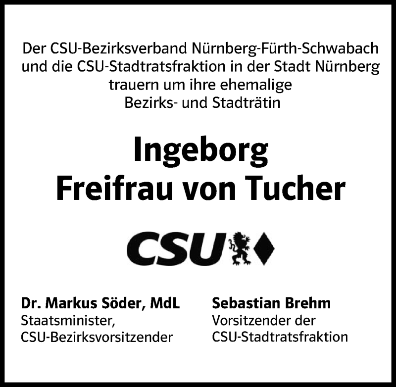  Traueranzeige für Ingeborg Freifrau von Tucher  vom 10.08.2017 aus Gesamtausgabe Nürnberger Nachrichten/ Nürnberger Ztg.