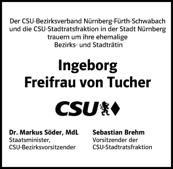 Traueranzeige von Ingeborg Freifrau von Tucher  von Gesamtausgabe Nürnberger Nachrichten/ Nürnberger Ztg.