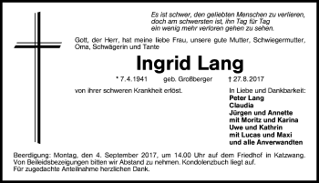 Traueranzeige von Ingrid Lang von Schwabach