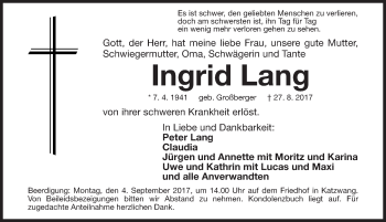 Traueranzeige von Ingrid Lang von Gesamtausgabe Nürnberger Nachrichten/ Nürnberger Ztg.