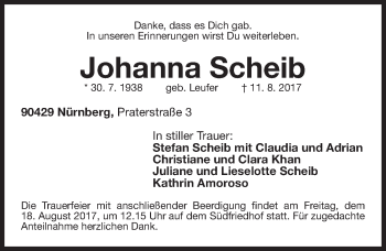 Traueranzeige von Johanna Scheib von Gesamtausgabe Nürnberger Nachrichten/ Nürnberger Ztg.