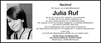 Traueranzeige von Julia Ruf von Neumarkter Nachrichten Lokal