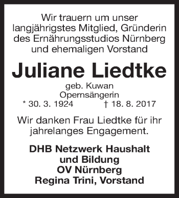 Traueranzeige von Juliane Liedtke von Gesamtausgabe Nürnberger Nachrichten/ Nürnberger Ztg.