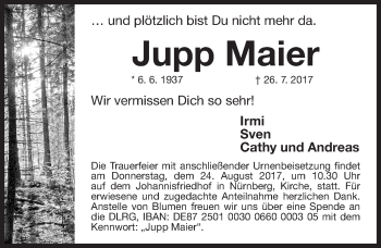 Traueranzeige von Jupp Maier von Gesamtausgabe Nürnberger Nachrichten/ Nürnberger Ztg.
