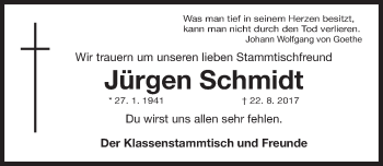 Traueranzeige von Jürgen Schmidt von Gesamtausgabe Nürnberger Nachrichten/ Nürnberger Ztg.