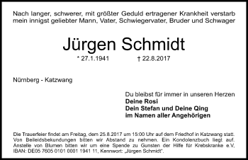 Traueranzeige von Jürgen Schmidt von Gesamtausgabe Nürnberger Nachrichten/ Nürnberger Ztg.