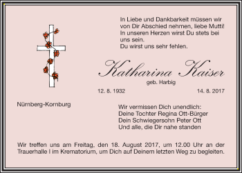 Traueranzeige von Katharina Kaiser von Gesamtausgabe Nürnberger Nachrichten/ Nürnberger Ztg.
