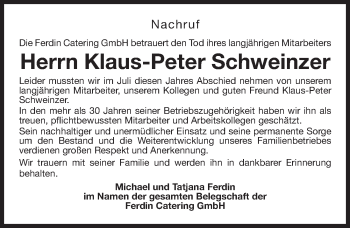 Traueranzeige von Klaus-Peter Schweinzer von Gesamtausgabe Nürnberger Nachrichten/ Nürnberger Ztg.