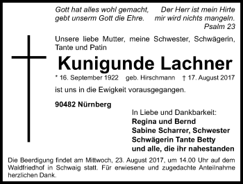 Traueranzeige von Kunigunde Lachner von Gesamtausgabe Nürnberger Nachrichten/ Nürnberger Ztg.
