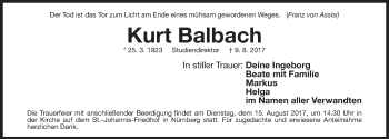 Traueranzeige von Kurt Balbach von Gesamtausgabe Nürnberger Nachrichten/ Nürnberger Ztg.