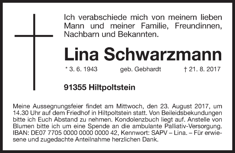  Traueranzeige für Lina Schwarzmann vom 23.08.2017 aus Gesamtausgabe Nürnberger Nachrichten/ Nürnberger Ztg.