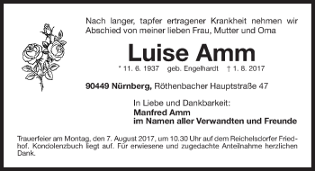 Traueranzeige von Luise Amm von Gesamtausgabe Nürnberger Nachrichten/ Nürnberger Ztg.