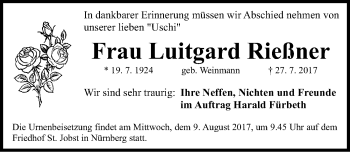 Traueranzeige von Luitgard Rießner von Gesamtausgabe Nürnberger Nachrichten/ Nürnberger Ztg.