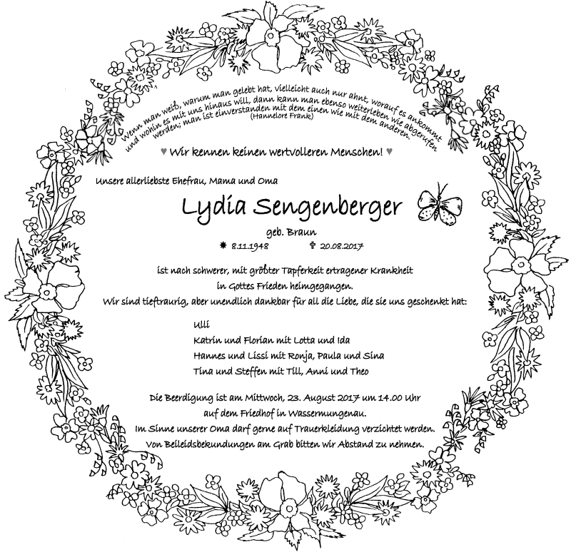  Traueranzeige für Lydia Sengenberger vom 22.08.2017 aus Schwabach